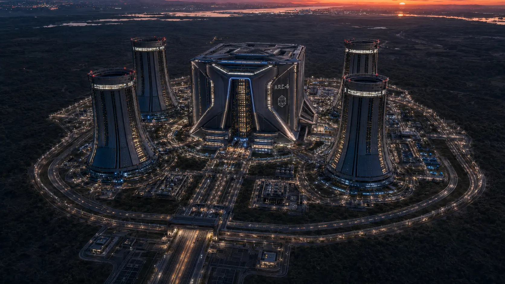 A.R.C.-6 complex aerial view showing monolith and thermal towers at dusk